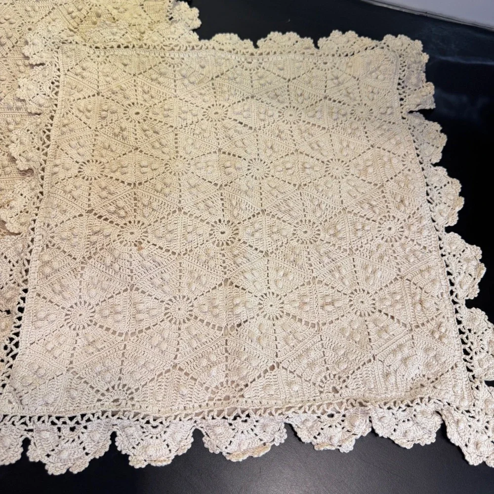 Crochet Pillow Shams Set of 2 18x18 Cream Cotton Popcorn Stitch Scalloped Edge